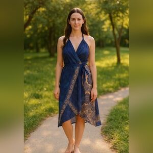 Navy Blue Halter Wrap Dress by
